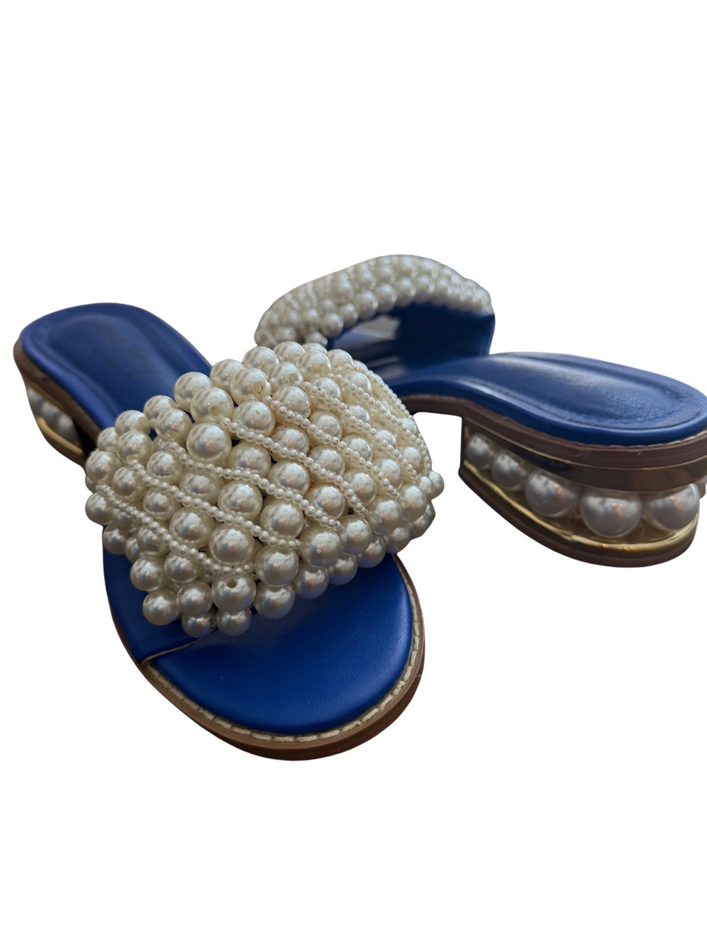 Pearl-Embellished Blue Slide Mules